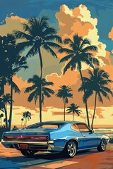 Retro Vintage Blue Classic Car Poster / Wallpaper - Tropical Paradise Beach Travel Theme