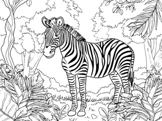 Zebra in the African savanna. Coloring book or Coloring page for kids. Generative ai. 