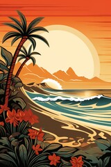 Fototapeta na wymiar 80's Retro Vintage Sunset Poster / Wallpaper - Tropical Paradise Beach Travel Theme