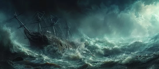Poster Im Rahmen A depiction of a ship battling fierce winds and massive waves in the midst of a storm at sea, with dark clouds and turbulent waters creating a dramatic atmosphere © TheWaterMeloonProjec