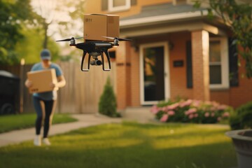 Smart package Drone Delivery urbanization workforce. Box shipping smart irrigation parcel tech incubators transportation. Logistic tech parcel protection mobility parcel delivery app - obrazy, fototapety, plakaty