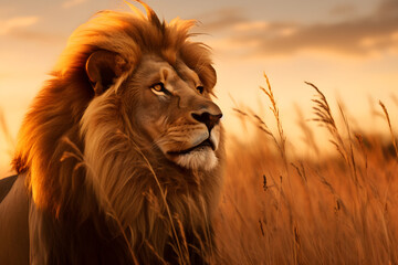 A Mesmerizing Capture of a Majestic Lion in the Golden Savannah at Sunset