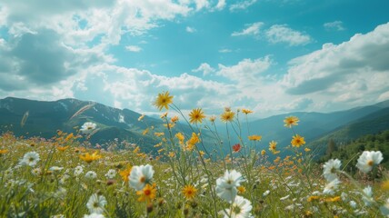 Fototapeta na wymiar A beautiful, sun-drenched spring summer meadow. Natural colorful panoramic landscape with many wild flowers of daisies against blue sky. A frame with soft selective focus.