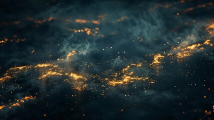 Abstract Golden Sparks Glowing in Dark Smoky Atmosphere for Background