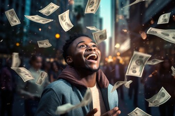 Happy person getting bonus money and banknotes flying in the air and get lucky rich and financial freedom comeliness - obrazy, fototapety, plakaty