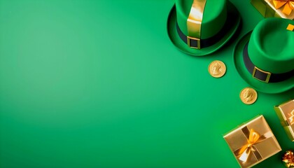 St. Patrick's Day concept, Photo taken from above, leprechaun hats with gifts, gift boxes and gold coins on green background with copy space. Banner with empty banner space for text.generative ai