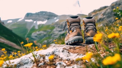 Hiking Boots between mountain flowers - obrazy, fototapety, plakaty