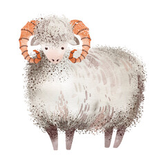 Farm animal ram. Watercolor illustration of a cartoon cattle. Cute farm animal isolated on white background. Child sketch farmyard. Curly personage sheep.