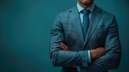 Fond d'écran business, tons bleus, avec le torse d'un homme habillé dans un costume et cravate. Business wallpaper in blue tones with the torso of an elegant man dressed in a suit and tie.
