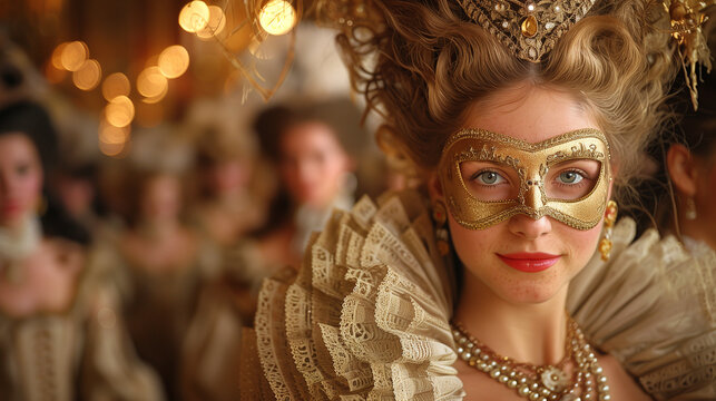 A lavish medieval French masquerade ball, where candlelit elegance meets mysterious allure. Guests in opulent costumes and intricate masks dance in a grand hall, weaving tales of intrigue and romance.