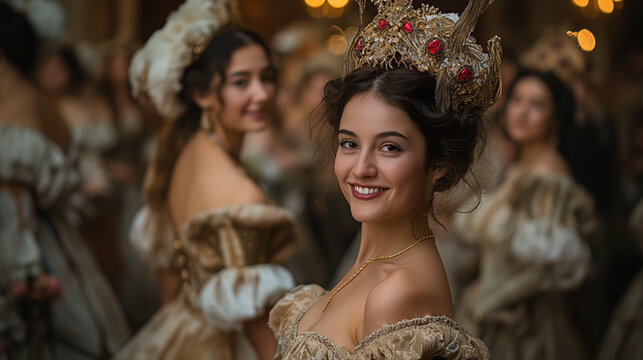 A lavish medieval French masquerade ball, where candlelit elegance meets mysterious allure. Guests in opulent costumes and intricate masks dance in a grand hall, weaving tales of intrigue and romance.