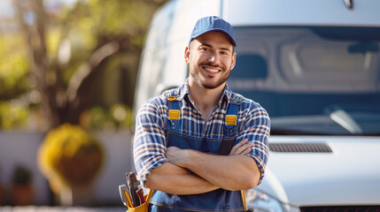 smiling man with a beard, wearing a blue cap, a plaid shirt, and a blue overall with a tool belt, standing confidently with his arms crossed in front of a white van.