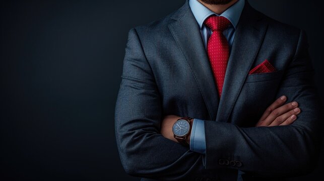 Fond d'écran business avec le torse d'un homme élégant habillé dans un costume sombre et cravate rouge. Business wallpaper featuring the torso of an elegant man dressed in a dark suit and red tie.