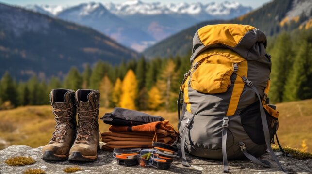 Hiking equipment, rucksack, boots, poles and slipping