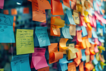 Colored post-it notes on an office wall. A slide background for showcasing the brainstorming process. Created with Generative AI technology. - obrazy, fototapety, plakaty