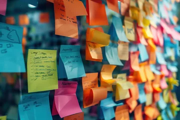 Foto op Canvas Colored post-it notes on an office wall. A slide background for showcasing the brainstorming process. Created with Generative AI technology. © Artem