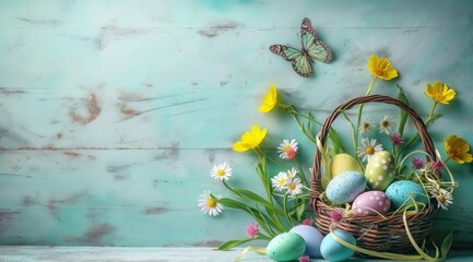 Colorful easter basket with eggs, flowers and banner on wood table with a butterfly, in the style of decorative backgrounds, light green and blue, sparse backgrounds, color stripes, dark gray backdrop