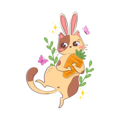 Cute cartoon cat with bunny ears lying on his back and holding a carrot isolated on a white background in doodle style.