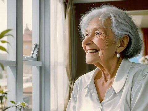 Warm portrait of an elderly woman smiling brightly, bathed in sunlight by the window, with an air of contentment and a backdrop of a peaceful residential neighborhood.