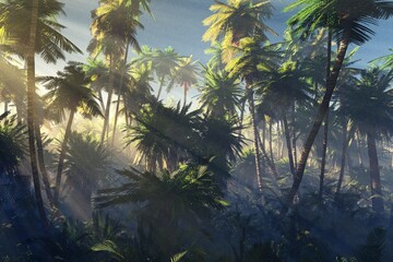 Palm trees in the rays of the sun, Jungle in the morning in the fog, tropical forest in the bright light of the setting sun, 3D rendering