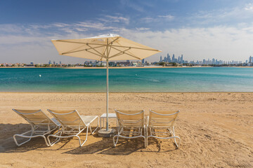Panorama of Dubai from the water park beach - 740938590