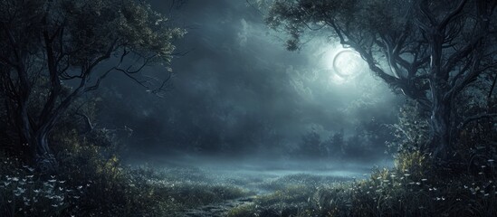 The electric blue moonlight shines through the mistcovered trees in the dark forest, creating a magical natural landscape under the midnight sky