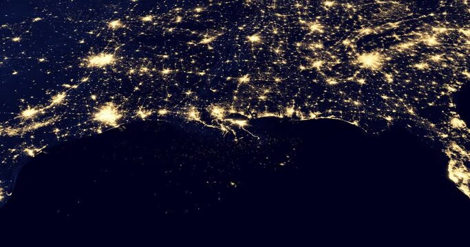 An animated map of the night lighting of the Gulf Coast as well as numerous offshore oil platforms. Crude oil production in the USA, oil industry. 3D Animation 4K. Contains NASA images.