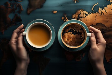 A persons hands holding two cups of coffee in front of a world map. Products from all over the...