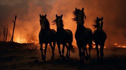 Dramatic Herd of Majestic Wild Horses Running Free, Fleeing a Destructive Firestorm on the Horizon