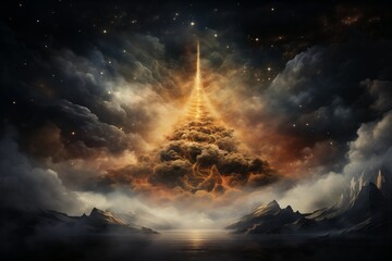Majestic large tall tree stands amidst a backdrop of swirling clouds and twinkling stars in the night sky.