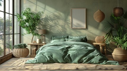 Bedroom interior design template with mockup poster frame, copy space, bed, green bedding, wooden bedside table, lamp, beige rug, and personal accessories.