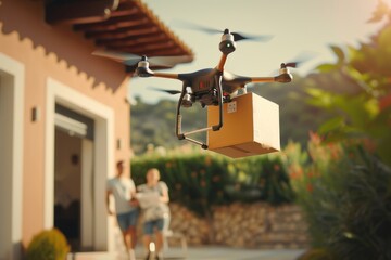 Smart package Drone Delivery prescription delivery. Parcel express drone delivery box drone delivery effectiveness shipping. Logistic parcel drone mobility neural network architectures - obrazy, fototapety, plakaty