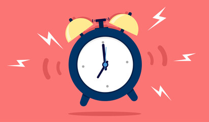 Alarm clock ringing - Loud annoying morning wake up clock at 7 am. Flat design vector illustration on red background - obrazy, fototapety, plakaty