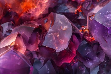 Extreme macro photograph of amethyst from the Purple Haze mine near Thunder Bay, Ontario, Canada. The red coloration is due to the presence of hematite inclusions - obrazy, fototapety, plakaty