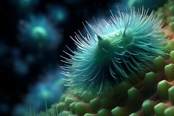 Fototapeta premium A anemone gracefully moves through the dark ocean waters at night, its translucent body illuminated by the surrounding bioluminescence.