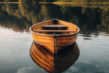 Wooden boat on a calm lake with a beautiful reflection in the water.