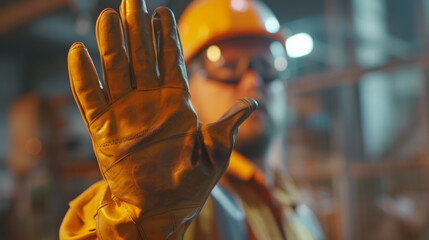 close-up of a worker in safety gear extending a gloved hand in a stop gesture.