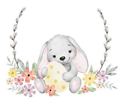Easter bunny, egg, colorful flowers and pussy willow branches. Easter rabbit. Isolated watercolor frame. Template for Holy Easter cards, covers, posters and invitations.