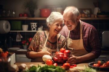 Happy Elderly Couple Enjoying Quality Time Cooking Together in Beautiful Kitchen Setting