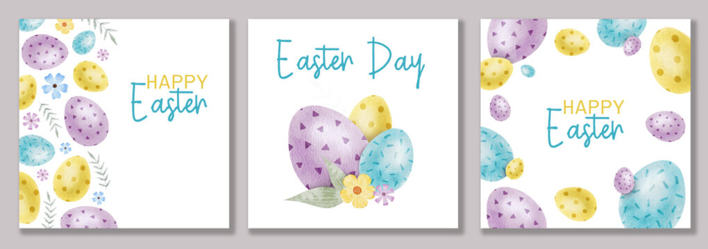 Set of Happy Easter cards with blue, yellow, purple Easter eggs, flowers and leaves. Square Paschal templates. Watercolor illustrations. Template for Easter cards, label, posters and invitations.