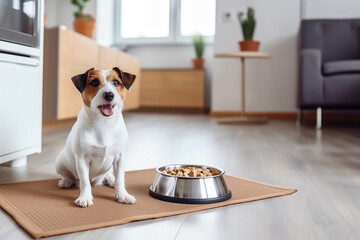 Cute jack russell terrier sits near it's bowl with dog food. Modern kitchen on background. Raising domestic animal in flat or townhouse. Feeding dog concept.  - 740940313