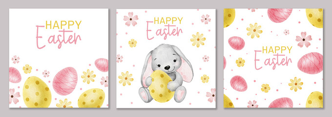 Fototapeta na wymiar Set of Happy Easter card with Easter rabbit, Easter eggs, flowers and dots. Square Paschal templates. Watercolor illustrations. Template for Easter cards, label, posters and invitations.