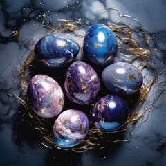 Eggs with texture of marble with golden spangles. Ornament with wavy fluid pattern looks like outer space with stars. Modern creative way to color traditional Easter eggs.  - 740940345
