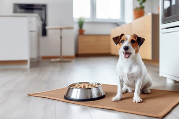 Patient jack russell terrier sits near it's bowl with dog food. Modern kitchen on background. Raising domestic animal in flat or townhouse. Feeding dog concept.  - 740940358
