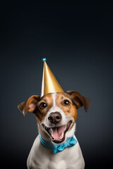 Smiling jack russell terrier wearing golden party hat on black background. Studio photo of happy dog with blue bow tie. concept of pet's Birthday party. - 740940364