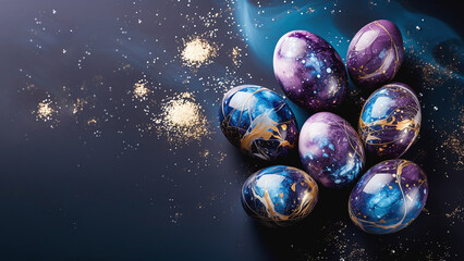Eggs with texture of marble with golden spangles. Ornament with wavy fluid pattern looks like outer space with stars. Modern Easter greeting card with copy space on dark backdrop.  - 740940372