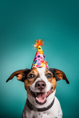 Wide smiling jack russell terrier wearing party hat on turquoise background with copy space. Studio photo of happy dog. concept of pet's Birthday party. - 740940391