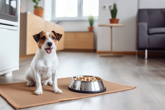 Cute jack russell terrier sits near it's bowl with dog food. Modern kitchen on background. Raising domestic animal in flat or townhouse. Feeding dog concept. 