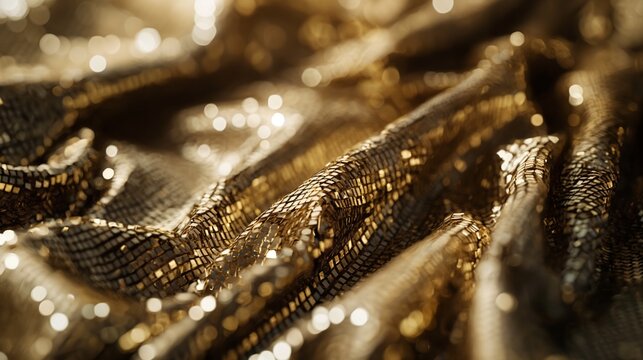 A close-up of a sequined tablecloth in shimmering gold, capturing the sparkle and the lavish texture that makes for a festive luxury background. 8k