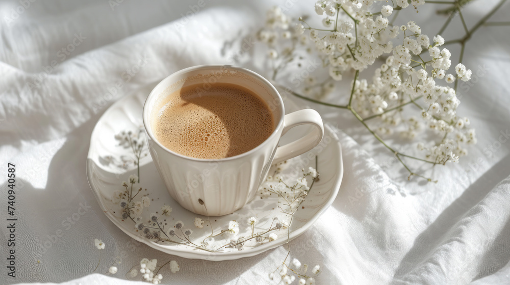 Wall mural Cup of flavored coffee on a ceramic plate with a sprig of gypsophila on it on white background